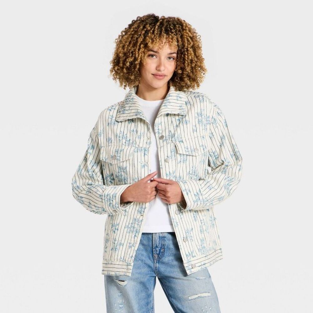 Women's Oversized Floral Striped Denim Jacket - Universal Thread XS